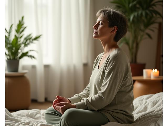 Mulher serena meditando em um jardim tranquilo, simbolizando paz interior, mindfulness e clareza mental durante as transições emocionais.