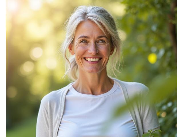 Mulher sorrindo, ativa e confiante, celebrando a vida após os 40 anos, com fundo de natureza suave e iluminado pelo sol.
