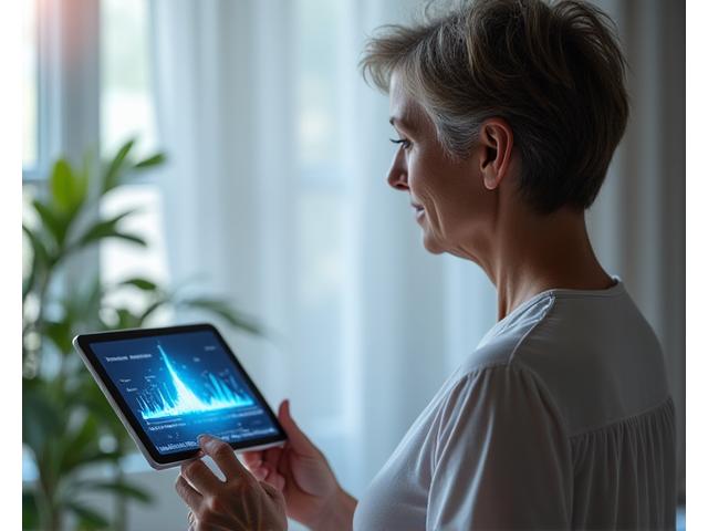 Mulher de meia-idade olhando para um timeline interativo no tablet, simbolizando a navegação pelas fases da menopausa.