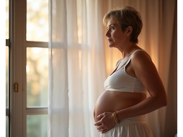 Mulher de 40+ satisfeita observando seu reflexo, abraçando as mudanças do corpo com aceitação e autoamor, focando na força e bem-estar.