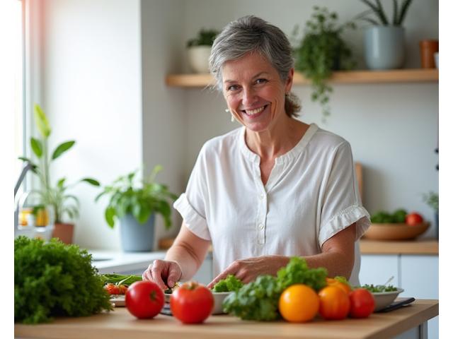 Mulher no balcão da cozinha preparando uma refeição saudável com vegetais frescos e frutas, simbolizando alimentação balanceada para saúde hormonal.