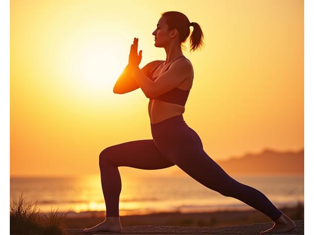 Mulher de 40+ praticando yoga ao ar livre ao nascer do sol, simbolizando vitalidade, energia e paz interior.
