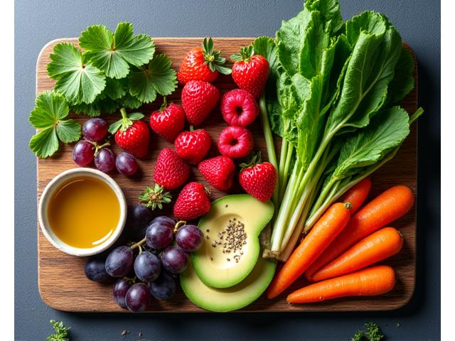 Alimentos coloridos e frescos dispostos de forma artística em uma tábua de madeira rústica, simbolizando uma alimentação saudável e anti-inflamatória.