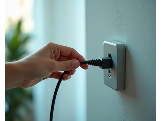 Uma pessoa desconectando um cabo de rede em um ambiente tranquilo, simbolizando um detox digital e menos estresse.