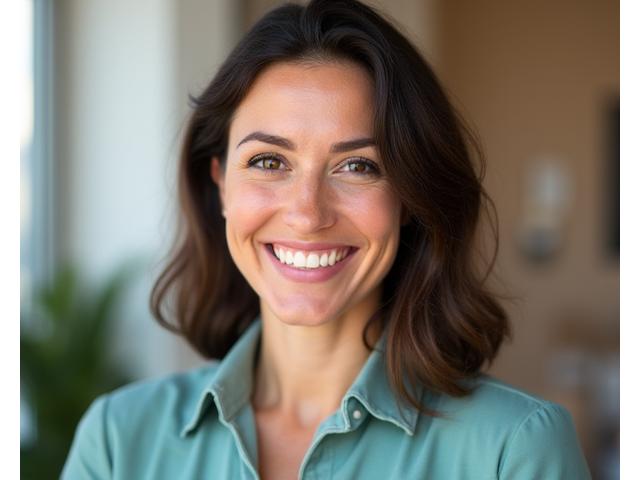 Foto de Ana Silva, uma mulher sorridente em seus 40 anos, com vestuário profissional casual, transmite confiança e empatia.