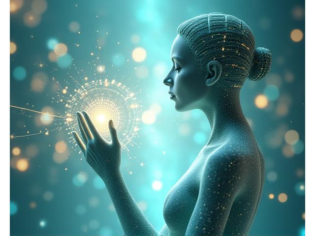 Modelo 3D abstrato de uma mente tranquila com conexões digitais e uma mão humana oferecendo suporte, simbolizando o coaching híbrido da AlmaViva.