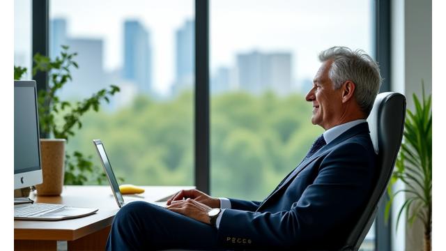 Executivo sorrindo e relaxado, em um ambiente de escritório moderno, olhando para uma janela com vista urbana tranquila, simbolizando bem-estar sem estresse.