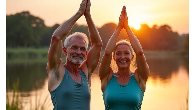 Homem e mulher de meia-idade sorrindo e praticando yoga ao ar livre, sentindo-se energizados e vibrantes, simbolizando vitalidade após os 40.