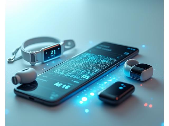 Dispositivos wearables como um smartwatch e um fone de ouvido sem fio conectados digitalmente a um smartphone, exibindo gráficos de saúde, simbolizando a integração tecnológica da AlmaViva.