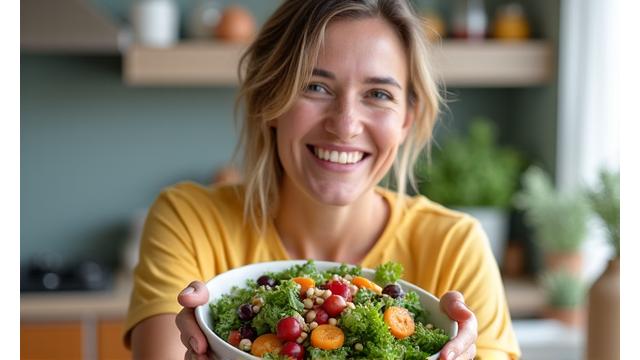 Mulher sorrindo, comendo uma salada fresca e colorida em um ambiente claro, simbolizando gestão de peso saudável.