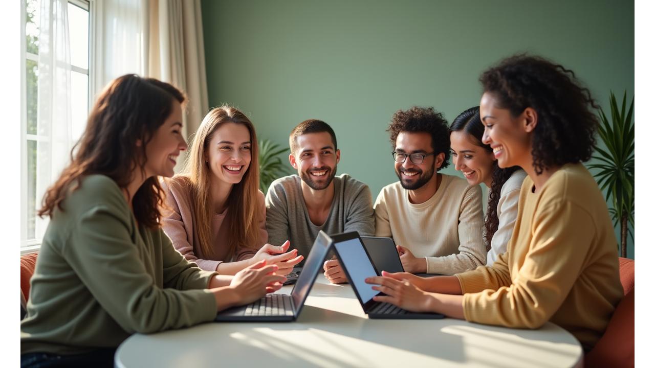 Grupo de adultos sorrindo, colaborando e conversando em um ambiente aconchegante e moderno, simbolizando uma comunidade unida e engajada.