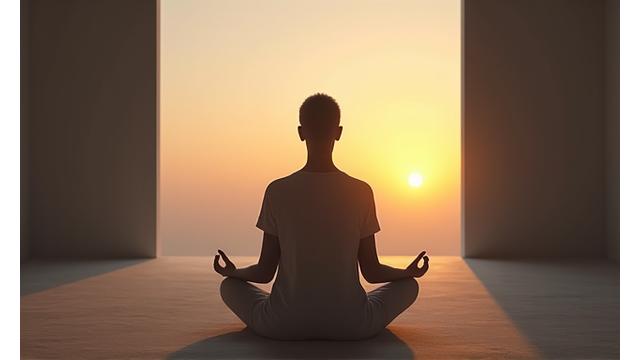 Pessoa em pose de meditação em um ambiente sereno e minimalista, transmitindo calma.