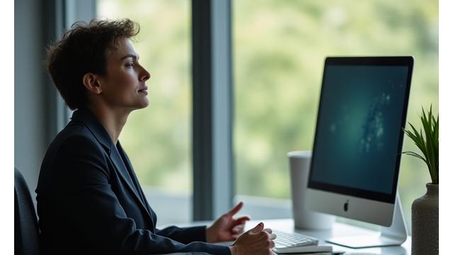 Profissional focado e calmo em seu ambiente de trabalho, praticando mindfulness discretamente.