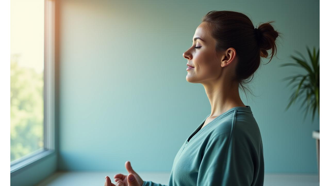 Mulher tranquila meditando em um ambiente moderno e calmo, expressando relaxamento e equilíbrio.