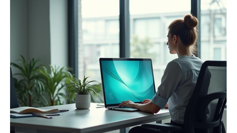 Ambiente de escritório moderno e calmo, com uma pessoa praticando uma técnica de mindfulness no seu espaço de trabalho, simbolizando a integração do bem-estar no dia a dia corporativo.