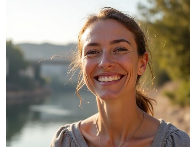 Mulher sorridente, Maria, 42 anos, após superar fadiga crônica