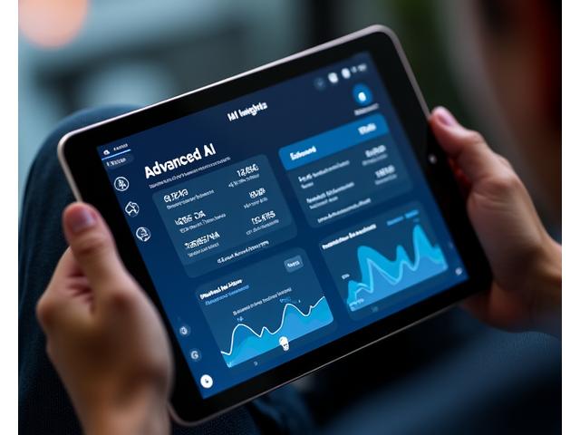 Gráficos de análise preditiva e cartões de insight na tela de um tablet, com ícones de IA, sugerindo otimizações de treino e sono.