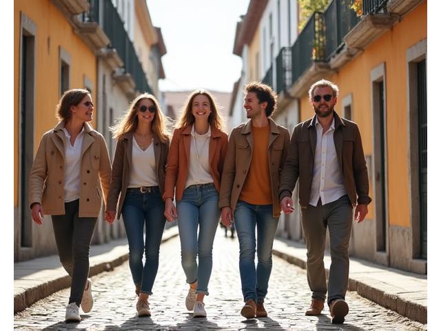Grupo de adultos ativos de 35 a 50 anos caminhando em uma rua pitoresca de Porto, com um ícone de comunidade sobreposto, simbolizando bem-estar social e desafios locais.