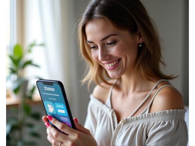 Mulher sorrindo ao ver o progresso de suas metas de bem-estar em um aplicativo no smartphone, com gráficos de progresso e ícones de conquista em destaque.