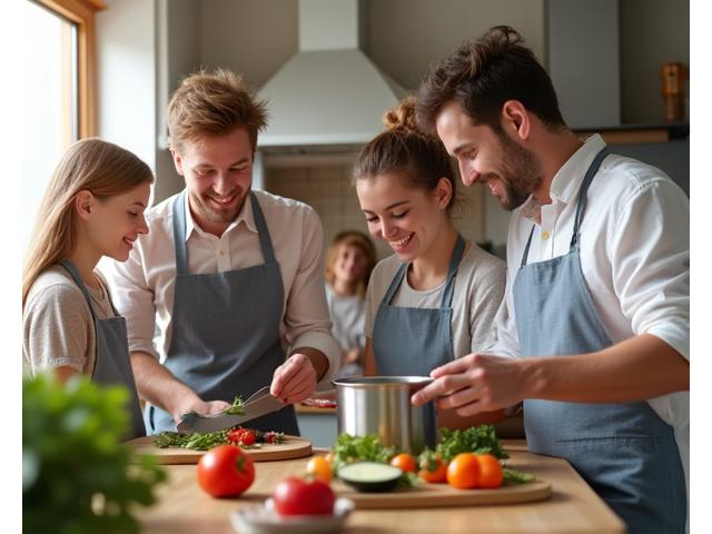 Retrato de uma família feliz preparando uma refeição saudável juntos em uma cozinha luminosa, evidenciando o planejamento alimentar que atende a todos.