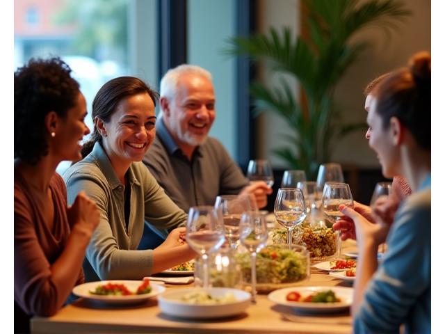 Grupo de amigos desfrutando de uma refeição saudável em um restaurante moderno, sem abrir mão do prazer social.