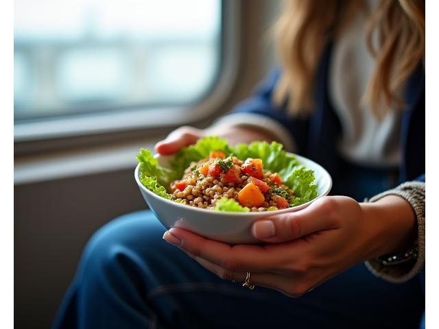 Uma pessoa comendo uma refeição equilibrada em um aeroporto ou durante uma viagem, demonstrando manutenção de hábitos saudáveis longe de casa.