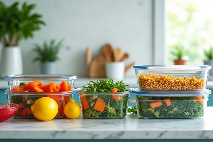 Uma cozinha organizada com recipientes de refeições preparadas para a semana e ingredientes frescos, destacando a eficiência.