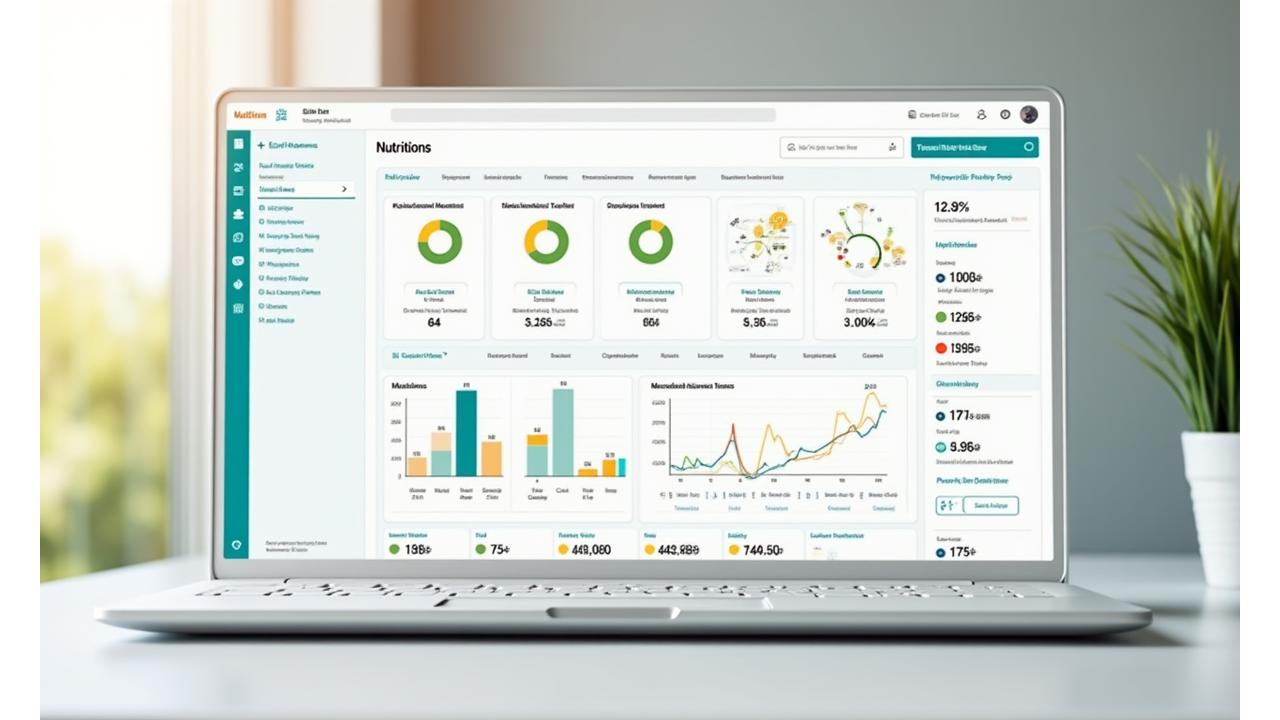 Painel de análise nutricional digital com gráficos coloridos e barras de progresso, mostrando detalhes de macronutrientes, micronutrientes e tendências nutricionais semanais.