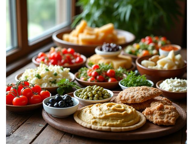 Mesa posta com pratos típicos da culinária mediterrânea saudável, incluindo azeitonas, queijo feta, tomate fresco e pão integral.