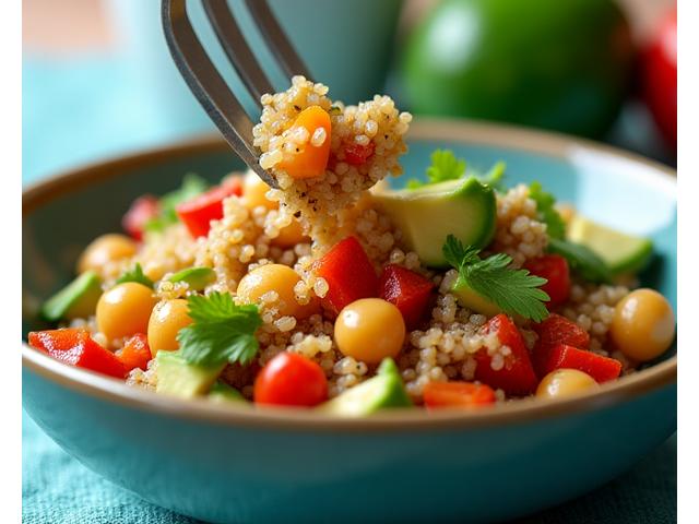 Uma refeição rápida e saborosa em 15 minutos, como um bowl de grãos e vegetais com molho vibrante.