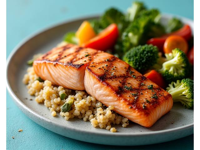 Prato colorido e leve, otimizado para perda de peso, com salmão grelhado, vegetais assados e quinoa.