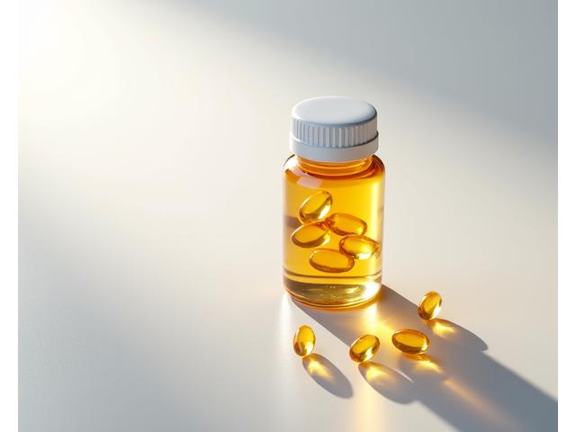 Frasco de suplemento Omega-3 sobre uma mesa de madeira, com cápsulas transparentes visíveis. Luz suave vinda da lateral destaca a textura.