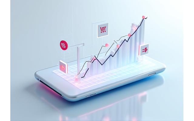 Gráfico de linha crescente em um tablet com ícones de porcentagem e seta para cima, simbolizando acompanhamento de preços e ofertas.