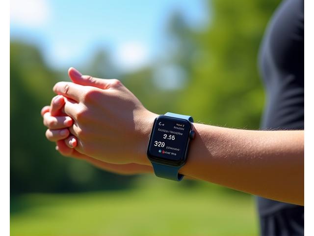 Smartwatch moderno no pulso de uma pessoa praticando ioga ao ar livre, mostrando métricas de batimentos cardíacos.