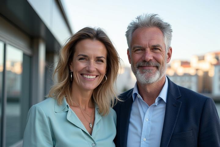 Fotografia dos fundadores da AlmaViva em Porto, sorridentes e confiantes, representando o espírito visionário da empresa.