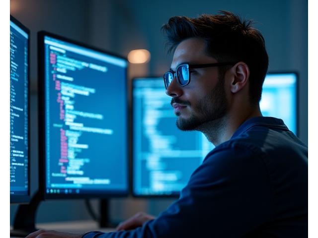 Eng. Miguel Cruz, engenheiro de software, em frente a um monitor de computador com gráficos.