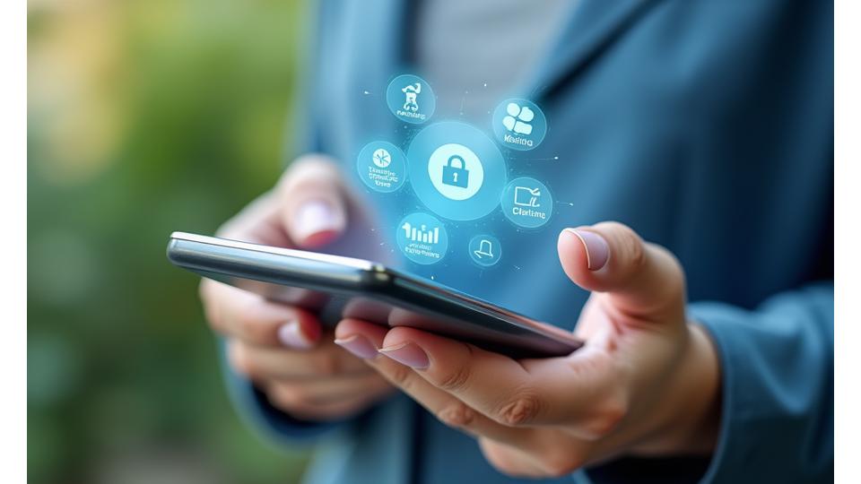 Mãos segurando um smartphone com ícones de opções de privacidade de dados, representando controle do usuário