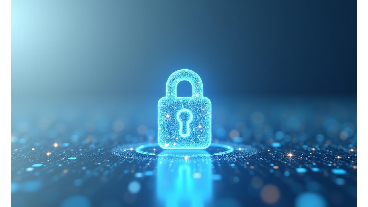 Representação visual de privacidade de dados, com cadeado digital e escudo de proteção em um esquema de cores moderno